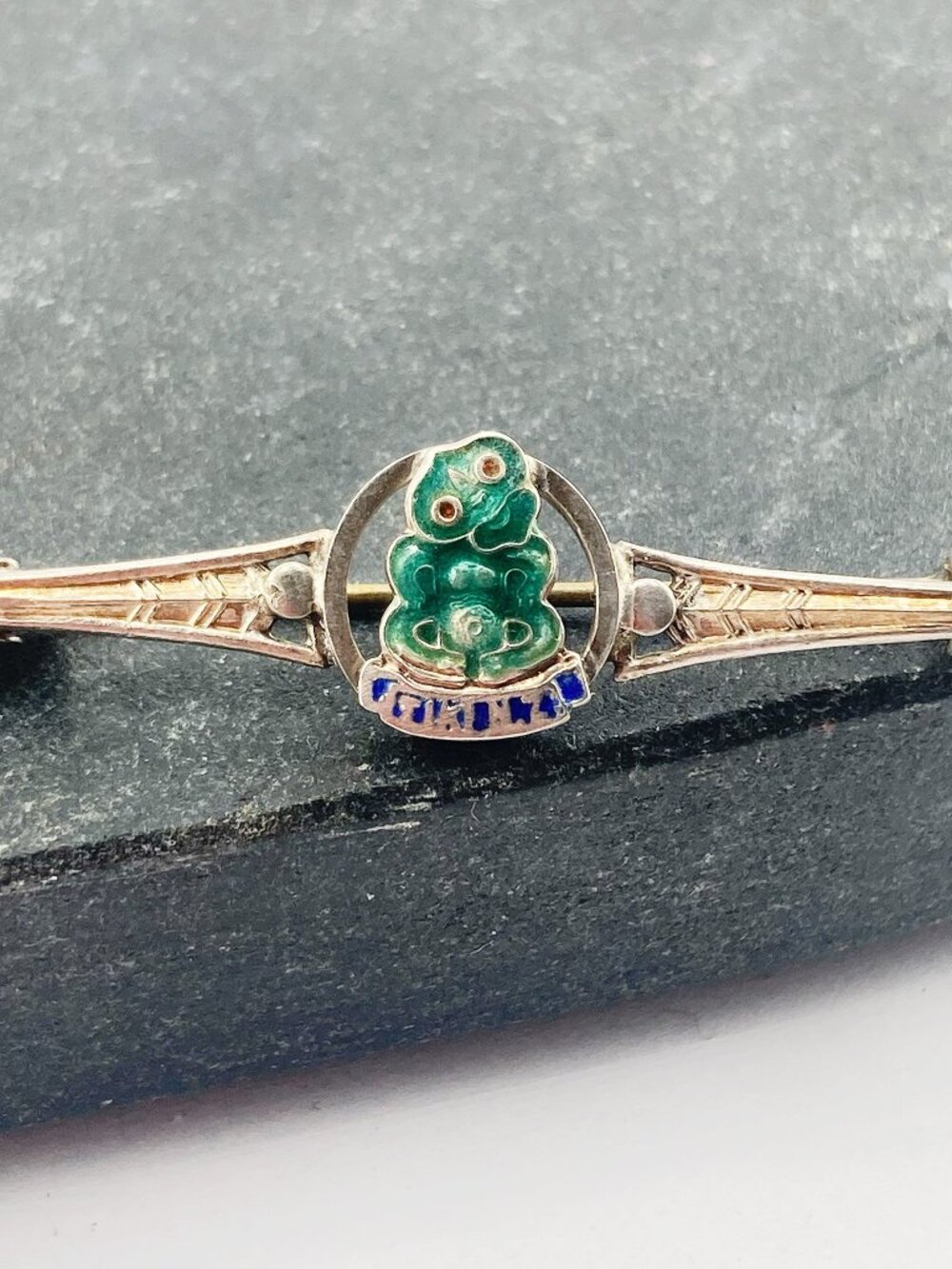ANTIQUE Sterling silver green enamel Hei Tiki brooch from New Zealand vintage